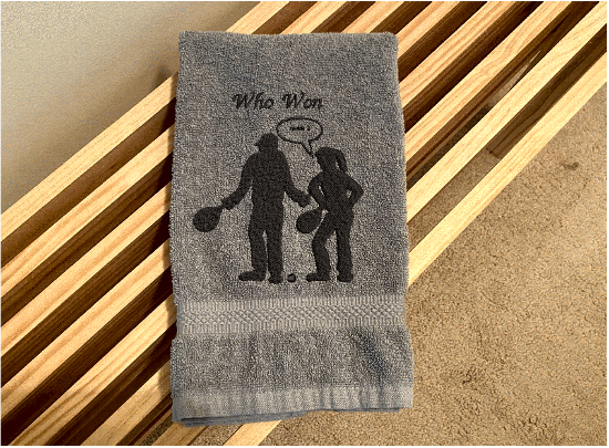 Gray sports hand towel, embroidered terry towel, soft and absorbent, 16" x 27", gift for your partner in the game of pickleball. Cute custom design for the hard pickleball player - home decor bathroom or kitchen gift. - Borgmanns Creations 