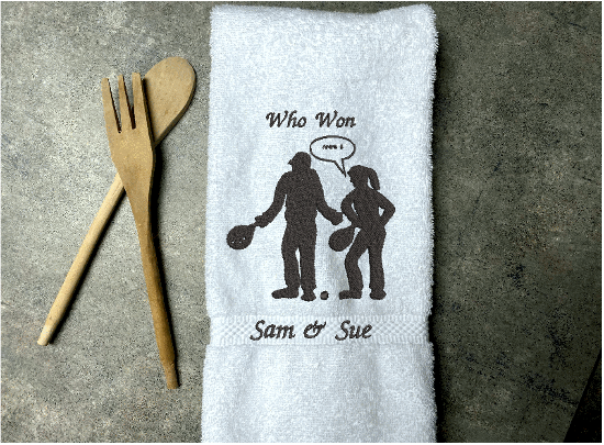 White sports hand towel, embroidered terry towel, soft and absorbent, 16" x 30", gift for your partner in the game of pickleball. Cute custom design for the hard pickleball player - home decor bathroom or kitchen gift. - Borgmanns Creations 