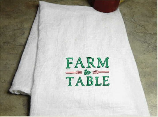 Tea towel flour sack with embroidered saying "Farm to Table" will make the perfect home decor gift for the country western farmhouse kitchen decor, housewarming gift, birthday gift. Towel is 29" x 29" - Borgmanns Creations