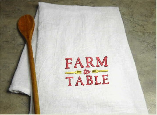 Tea towel flour sack with embroidered saying "Farm to Table" will make the perfect home decor gift for the country western farmhouse kitchen decor, housewarming gift, birthday gift. Towel is 29" x 29" - Borgmanns Creations 