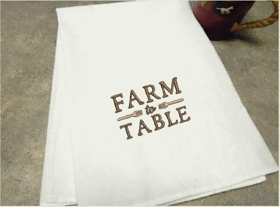 Tea towel flour sack with embroidered saying "Farm to Table" will make the perfect home decor gift for the country western farmhouse kitchen decor, housewarming gift, birthday gift. Towel is 29" x 29" - Borgmanns Creations 