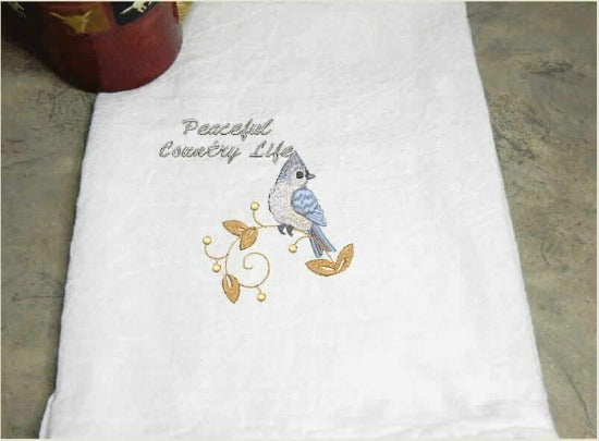 Tea towel flour sack gift for mom, embroidered blue bird on limb design with saying 