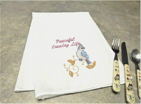 Tea towel flour sack gift for mom, embroidered blue bird on limb design with saying "Beautiful Country Life", 29 inches x 29 inches,  gift for her kitchen decor, makes a great birthday or house warming gift - Borgmanns Creations 