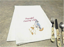 Load image into Gallery viewer, Tea towel flour sack gift for mom, embroidered blue bird on limb design with saying &quot;Beautiful Country Life&quot;, 29 inches x 29 inches,  gift for her kitchen decor, makes a great birthday or house warming gift - Borgmanns Creations 

