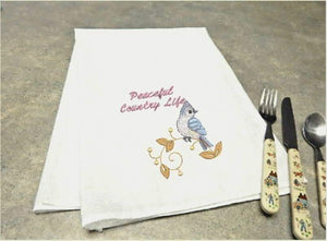 Tea towel flour sack gift for mom, embroidered blue bird on limb design with saying "Beautiful Country Life", 29 inches x 29 inches,  gift for her kitchen decor, makes a great birthday or house warming gift - Borgmanns Creations 