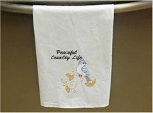 Load image into Gallery viewer, Tea towel flour sack gift for mom, embroidered blue bird on limb design with saying &quot;Beautiful Country Life&quot;, 29 inches x 29 inches,  gift for her kitchen decor, makes a great birthday or house warming gift - Borgmanns Creations 
