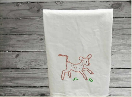 Tea towel, kitchen decor, embroidered western calf design on flour sack towel.  approximately 29" x 29", Kitchen decor bridal shower gift, ranch farmhouse decor, kids room, chef gift dish towel. Housewarming gift, hostess gift - Borgmanns Creations 