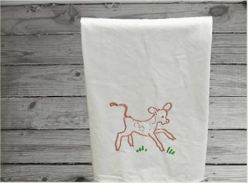 Tea towel, kitchen decor, embroidered western calf design on flour sack towel.  approximately 29
