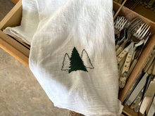 Load image into Gallery viewer, Tea towels flour sack brighten up your kitchen decor this year with this tea towel with 3 Christmas trees embroidered on it, for the kitchen is where every one gathers. Make it a gift for your friend, a housewarming gift, or a teachers holiday gift. Details flour sack tea towel 29&quot; x 29&quot; embroidered  - Borgmanns Creations
