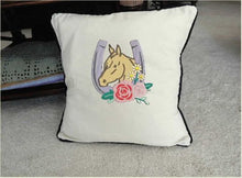 Load image into Gallery viewer, Throw pillow cover, neutral color material, 18&quot; x 18&quot;, black piping around edge, embroidered horseshoe with flowers western decor, wedding gift,  bed pillow for new couple in their country home. A wonderful gift for the man cave or birthday gift for the horse overs - Borgmanns Creations 
