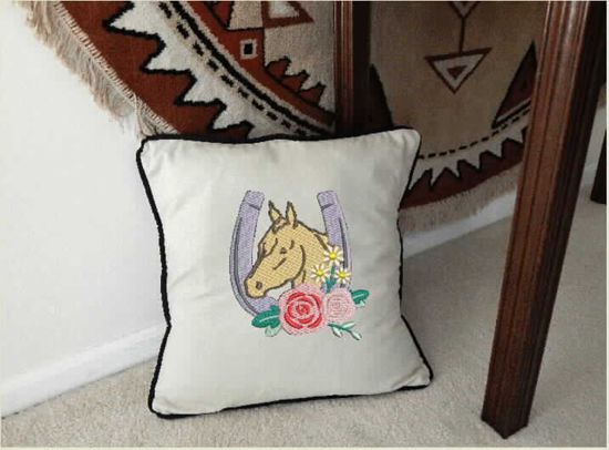 Throw pillow cover, neutral color material, 18" x 18", black piping around edge, embroidered horseshoe with flowers western decor, wedding gift,  bed pillow for new couple in their country home. A wonderful gift for the man cave or birthday gift for the horse overs - Borgmanns Creations 