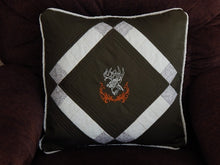 Load image into Gallery viewer, Decorative throw pillow cover embroidered deer head and quilted top for the unique gift for dad&#39;s den, the living room or bedroom home decor. 20&quot; x 20&quot; dark green denim material, batting between top two layers, cord around edges and opens in the back. This pillow cover can be machine washed and tumbled dried low - Borgmanns Creations
