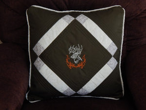 Decorative throw pillow cover embroidered deer head and quilted top for the unique gift for dad's den, the living room or bedroom home decor. 20" x 20" dark green denim material, batting between top two layers, cord around edges and opens in the back. This pillow cover can be machine washed and tumbled dried low - Borgmanns Creations