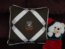 Load image into Gallery viewer, Decorative throw pillow cover embroidered deer head and quilted top for the unique gift for dad&#39;s den, the living room or bedroom home decor. 20&quot; x 20&quot; dark green denim material, batting between top two layers, cord around edges and opens in the back. This pillow cover can be machine washed and tumbled dried low - Borgmanns Creations 
