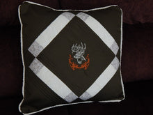 Load image into Gallery viewer, Decorative throw pillow cover embroidered deer head and quilted top for the unique gift for dad&#39;s den, the living room or bedroom home decor. 20&quot; x 20&quot; dark green denim material, batting between top two layers, cord around edges and opens in the back. This pillow cover can be machine washed and tumbled dried low - Borgmanns Creations 
