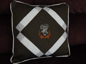 Decorative throw pillow cover embroidered deer head and quilted top for the unique gift for dad's den, the living room or bedroom home decor. 20" x 20" dark green denim material, batting between top two layers, cord around edges and opens in the back. This pillow cover can be machine washed and tumbled dried low - Borgmanns Creations 