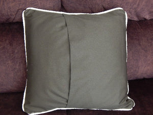 Back side of decorative throw pillow cover embroidered deer head and quilted top for the unique gift for dad's den, the living room or bedroom home decor. 20" x 20" dark green denim material, batting between top two layers, cord around edges and opens in the back. This pillow cover can be machine washed and tumbled dried low Borgmanns Creations - 5