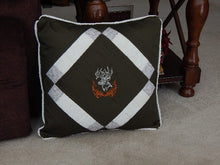 Load image into Gallery viewer, Decorative throw pillow cover embroidered deer head and quilted top for the unique gift for dad&#39;s den, the living room or bedroom home decor. 20&quot; x 20&quot; dark green denim material, batting between top two layers, cord around edges and opens in the back. This pillow cover can be machine washed and tumbled dried low - Borgmanns Creations - 1

