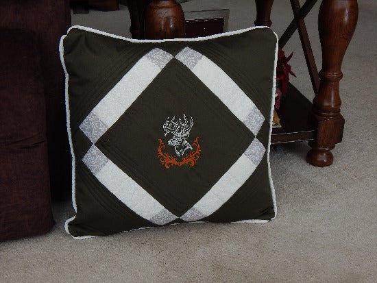 Decorative throw pillow cover embroidered deer head and quilted top for the unique gift for dad's den, the living room or bedroom home decor. 20