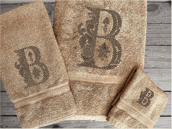 Beige bath towel set or individual towels, premium soft and absorbent towels the perfect design for your home, that farmhouse decor. This Luxury towel set of 3 towels 1 bath towel 27" x 50",1 hand towel 16" x 27", 1 washcloth 13" x 13". You can personalize the towel set with an embroidered initial  - Borgmanns Creations - 1