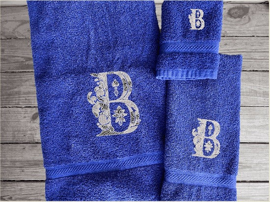 Blue bath towel set or individual towels, premium soft and absorbent towels the perfect design for your home, that farmhouse decor. This Luxury towel set of 3 towels 1 bath towel 27" x 50",1 hand towel 16" x 27", 1 washcloth 13" x 13". You can personalize the towel set with an embroidered initial  - Borgmanns Creations - 2