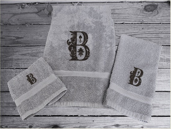 Gray bath towel set or individual towels, premium soft and absorbent towels the perfect design for your home, that farmhouse decor. This Luxury towel set of 3 towels 1 bath towel 27" x 50",1 hand towel 16" x 27", 1 washcloth 13" x 13". You can personalize the towel set with an embroidered initial  - Borgmanns Creations - 4