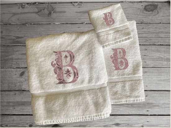 White bath towel set or individual towels, premium soft and absorbent towels the perfect design for your home, that farmhouse decor. This Luxury towel set of 3 towels 1 bath towel 27" x 50",1 hand towel 16" x 27", 1 washcloth 13" x 13". You can personalize the towel set with an embroidered initial  - Borgmanns Creations - 5