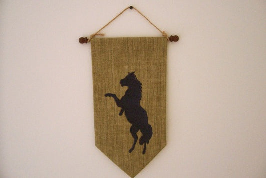 Horse wall hanging banner, tapestry material, polyester material backing, on doll stick, wood knobs, jute hanger 3", 13" x 7" ( tapestry ), embroidery thread tassel ( 3" ), horse lovers gift for their home decor, wonderful gift for a housewarming, birthday idea, boys room, den, etc.  Farmhouse decor- Borgmanns Creations 1