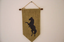 Load image into Gallery viewer, Horse wall hanging banner, tapestry material, polyester material backing, on doll stick, wood knobs, jute hanger 3&quot;, 13&quot; x 7&quot; ( tapestry ), embroidery thread tassel ( 3&quot; ), horse lovers gift for their home decor, wonderful gift for a housewarming, birthday idea, boys room, den, etc.  Farmhouse decor- Borgmanns Creations 1
