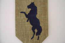 Load image into Gallery viewer, Horse wall hanging banner, tapestry material, polyester material backing, on doll stick, wood knobs, jute hanger 3&quot;, 13&quot; x 7&quot; ( tapestry ), embroidery thread tassel ( 3&quot; ), horse lovers gift for their home decor, wonderful gift for a housewarming, birthday idea, boys room, den, etc.  Farmhouse decor- Borgmanns Creations 2
