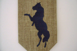 Horse wall hanging banner, tapestry material, polyester material backing, on doll stick, wood knobs, jute hanger 3", 13" x 7" ( tapestry ), embroidery thread tassel ( 3" ), horse lovers gift for their home decor, wonderful gift for a housewarming, birthday idea, boys room, den, etc.  Farmhouse decor- Borgmanns Creations 2