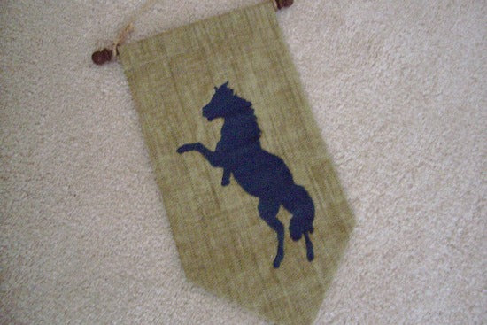 Horse wall hanging banner, tapestry material, polyester material backing, on doll stick, wood knobs, jute hanger 3", 13" x 7" ( tapestry ), embroidery thread tassel ( 3" ), horse lovers gift for their home decor, wonderful gift for a housewarming, birthday idea, boys room, den, etc.  Farmhouse decor- Borgmanns Creations 5