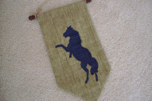 Horse wall hanging banner, tapestry material, polyester material backing, on doll stick, wood knobs, jute hanger 3", 13" x 7" ( tapestry ), embroidery thread tassel ( 3" ), horse lovers gift for their home decor, wonderful gift for a housewarming, birthday idea, boys room, den, etc.  Farmhouse decor- Borgmanns Creations 5
