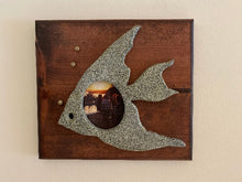 Load image into Gallery viewer,  A great gift for the lake home or cabin. Housewarming gift for your neighbor&#39;s lake home. A fish, attached with a picture 9 1/2&quot; H x 10 1/2&quot; W x 2&quot; D, textured paint, acrylic paint, 3 beads,  wood backing, mahogany stained with self leveling hanger. Borgmanns Creations
