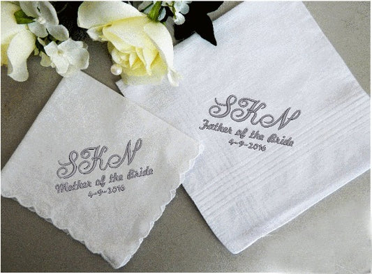 Wedding handkerchief set, keepsake gift for parents of the bride/ Groom, embroidered handkerchief set as a bridal party gift idea. Ladies cotton handkerchief is a white 11" x 11" with scalloped edges, Mans cotton handkerchief is a white 16" x 16" with satin strips - Borgmanns Creations 