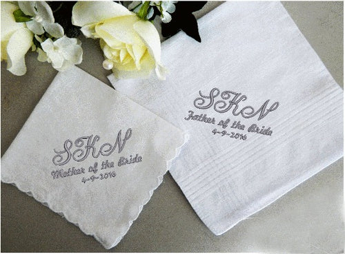Wedding handkerchief set, keepsake gift for parents of the bride/ Groom, embroidered handkerchief set as a bridal party gift idea. Ladies cotton handkerchief is a white 11