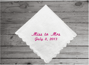  Wedding announcement, white cotton handkerchief with scalloped edges, 11" x 11", embroidered gift an elegant wedding announcement gift for family and friends from the bride and room. Custom and personalized just for you - Borgmanns Creations 