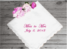 Load image into Gallery viewer,  Wedding announcement, white cotton handkerchief with scalloped edges, 11&quot; x 11&quot;, embroidered gift an elegant wedding announcement gift for family and friends from the bride and room. Custom and personalized just for you - Borgmanns Creations 
