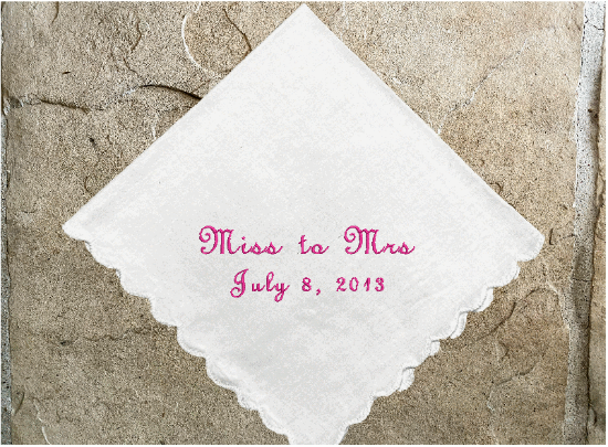  Wedding announcement, white cotton handkerchief with scalloped edges, 11" x 11", embroidered gift an elegant wedding announcement gift for family and friends from the bride and room. Custom and personalized just for you - Borgmanns Creations 