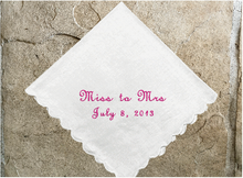 Load image into Gallery viewer,  Wedding announcement, white cotton handkerchief with scalloped edges, 11&quot; x 11&quot;, embroidered gift an elegant wedding announcement gift for family and friends from the bride and room. Custom and personalized just for you - Borgmanns Creations 
