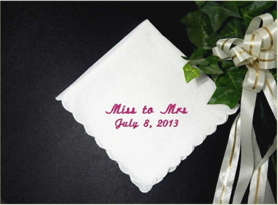 Personalized gift for bride - wedding favors - bridal party gift -  Bride to Be Gift - wedding announcement - princess bride - wedding hankie - white cotton handkerchief scalloped edges 11" x 11" - Borgmanns Creations -1