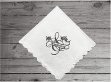 Load image into Gallery viewer, Mothers Day Fathers Day gift - embroidered personalized name and initial - gift to mom on Mothers Day or dad on Fathers Day - anniversary date - white cotton handkerchiefs,  lady - 12&quot; x 12&quot; with scalloped edges, man - 16&quot; x 16&quot; with satin strips - Borgmanns Creations - 2
