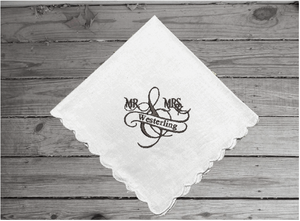 Mothers Day Fathers Day gift - embroidered personalized name and initial - gift to mom on Mothers Day or dad on Fathers Day - anniversary date - white cotton handkerchiefs,  lady - 12" x 12" with scalloped edges, man - 16" x 16" with satin strips - Borgmanns Creations - 2