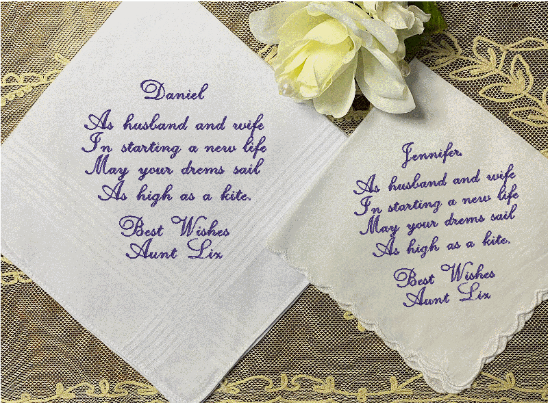 Wedding handkerchiefs for bride and groom - new couple gift - bridal shower gift - gift from parents grandparents, aunts, gift to bride and groom - add your own text - Lady white cotton handkerchief with scalloped edges 11" x 11" - man white cotton handkerchief satin strips 16 x 16" - Borgmanns Creations 1