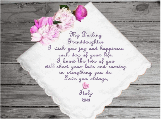 Granddaughter gift for the bride - personalized embroidered handkerchief from grandma on her wedding day -  cherished gift for the bride - white cotton handkerchief with scalloped edges 11 in x 11 in - Borgmanns Creations - 4