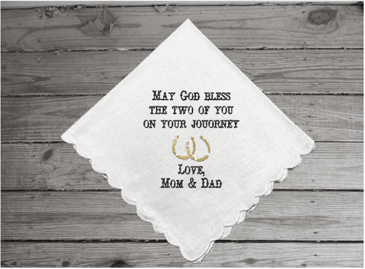 Gift for the bride and groom - embroidered personalized wedding handkerchief gift for the new couple -  the bride/ Groom's parents - western wedding shower idea -bridal keepsake hankie - cotton handkerchief with scalloped edges 11" x 11" - Borgmanns Creations - 1