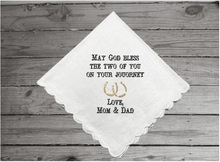 Load image into Gallery viewer, Gift for the bride and groom - embroidered personalized wedding handkerchief gift for the new couple -  the bride/ Groom&#39;s parents - western wedding shower idea -bridal keepsake hankie - cotton handkerchief with scalloped edges 11&quot; x 11&quot; - Borgmanns Creations - 1
