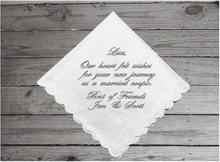 Load image into Gallery viewer, Gift for the bride - embroidered handkerchief from a friend - something blue, wedding shower gift - a great way to give support to the bride on her wedding day - cotton handkerchiefs with scalloped edges 11&quot; x 11&quot; - Borgmanns Creations - 2
