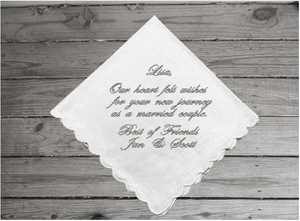 Gift for the bride - embroidered handkerchief from a friend - something blue, wedding shower gift - a great way to give support to the bride on her wedding day - cotton handkerchiefs with scalloped edges 11" x 11" - Borgmanns Creations - 2
