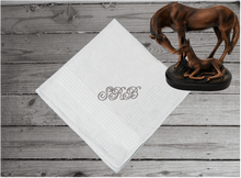 Load image into Gallery viewer, Monogram handkerchief with 3 embroidered initials, a simple but elegant gift for the men in the wedding party, or dad or grandpa for his birthday, a useful present all year round. Cotton handkerchief with satin strips around edges, 11&quot; x 11&quot;. - Borgmanns Creations
